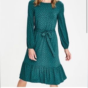 Boden Green Polka Dot Holly Tie Waist Ballon Sleeves Jersey Knit Ruffle Dress 8